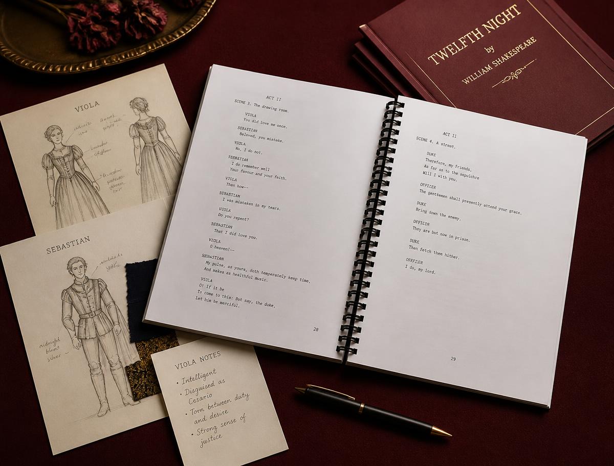 An open script with character notes, sketches and printed production booklets