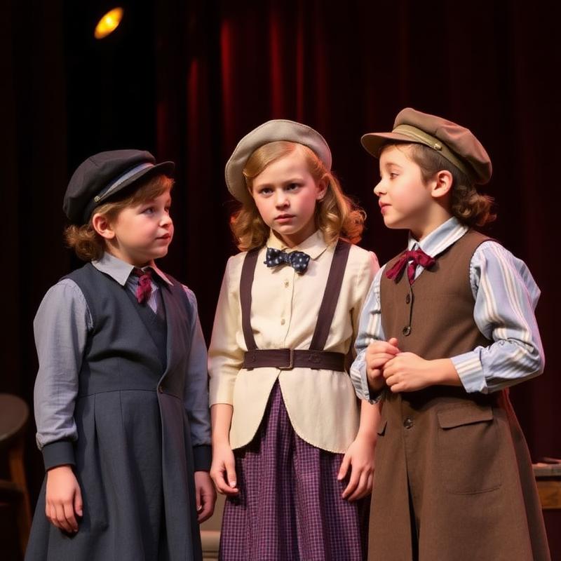 Three young performers in period costume acting a scene