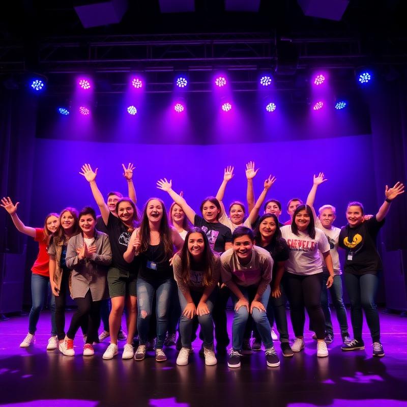 A youth theatre ensemble under coloured stage lights